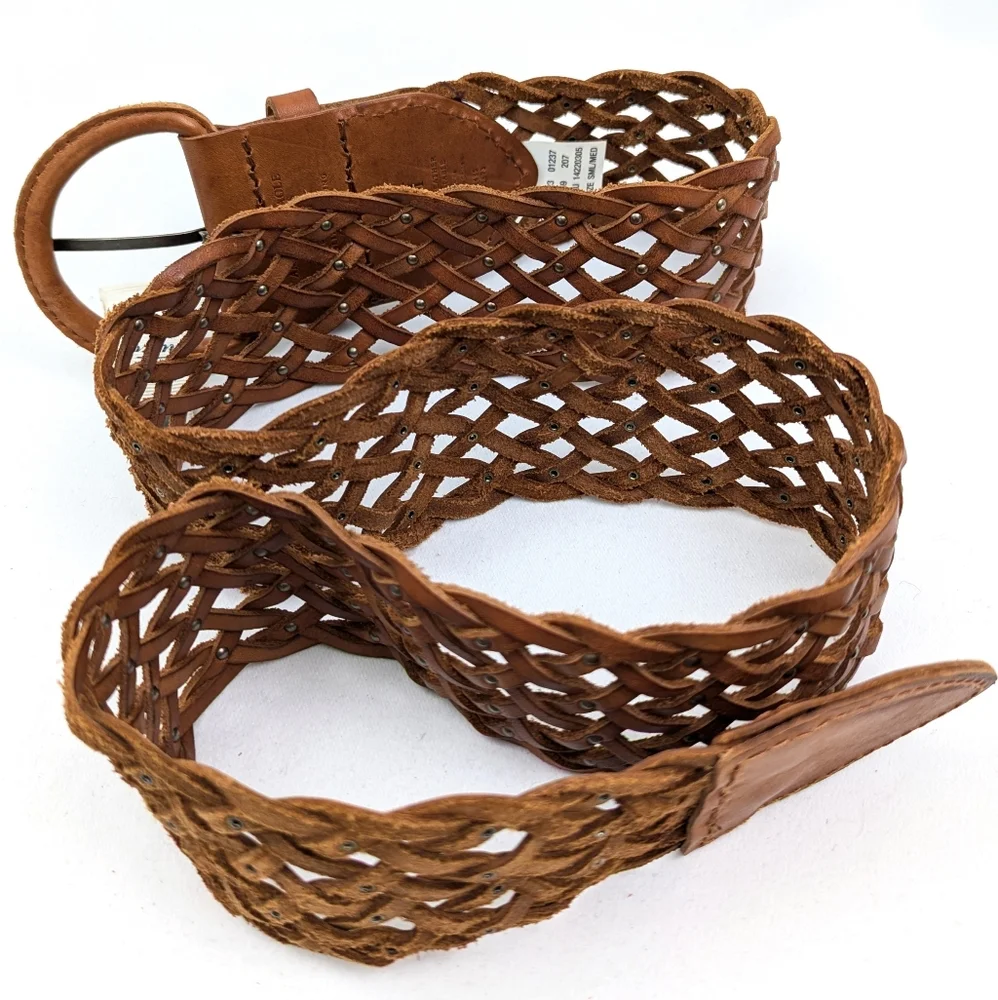American Eagle Wide Leather Belt Woven Studded Braided Boho Cognac Brown S/M NWT